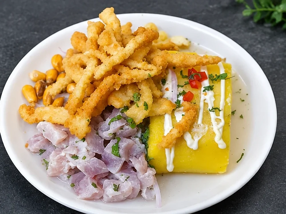 Causa acevichada de papa amarilla con ceviche de pescado, chicharrón crocante y cancha