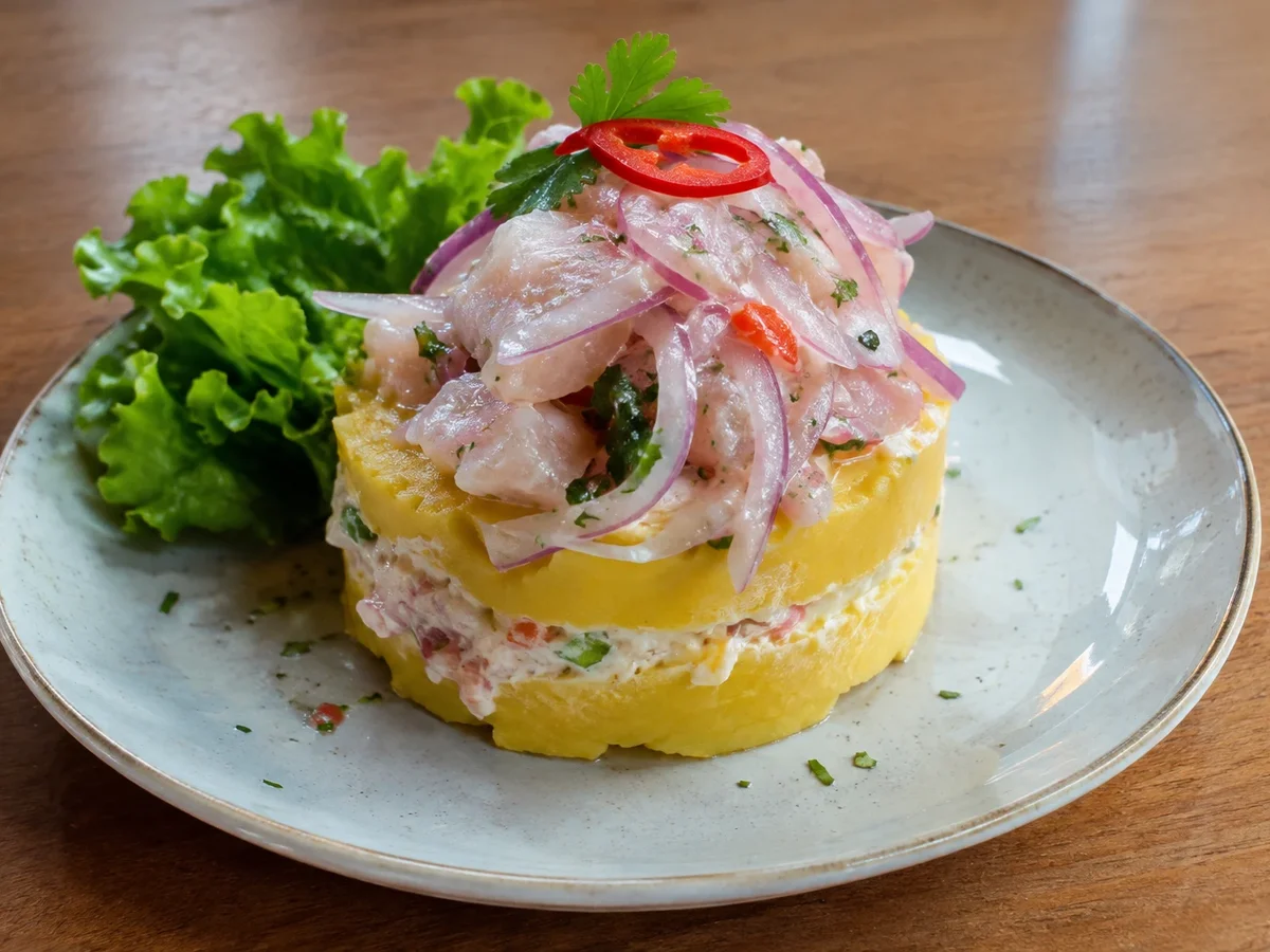 Causa acevichada de papa amarilla con ceviche de pescado, cebolla roja y ají