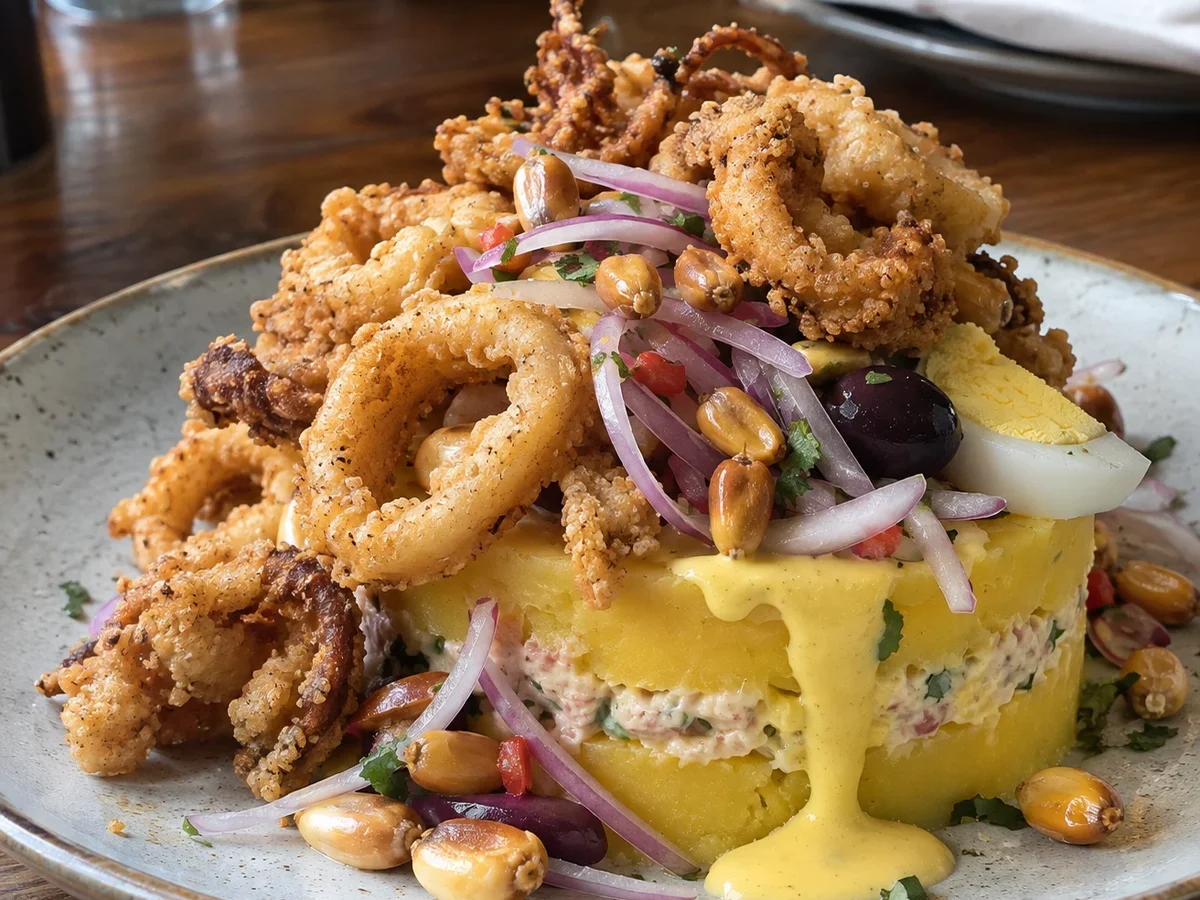 Causa con chicharrón de calamar, salsa criolla, cancha y crema de ají amarillo