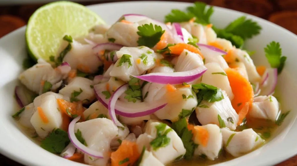 Ceviche de pescado con cebolla roja, culantro y camote