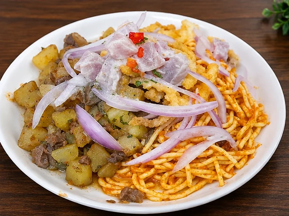 Plato de chanfainita con tallarín rojo y ceviche con cebolla roja