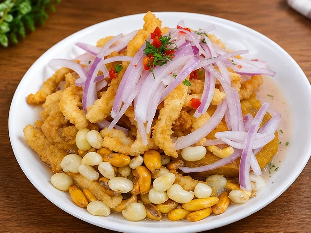 Chicharrón de pescado crocante con salsa criolla, choclo y cancha