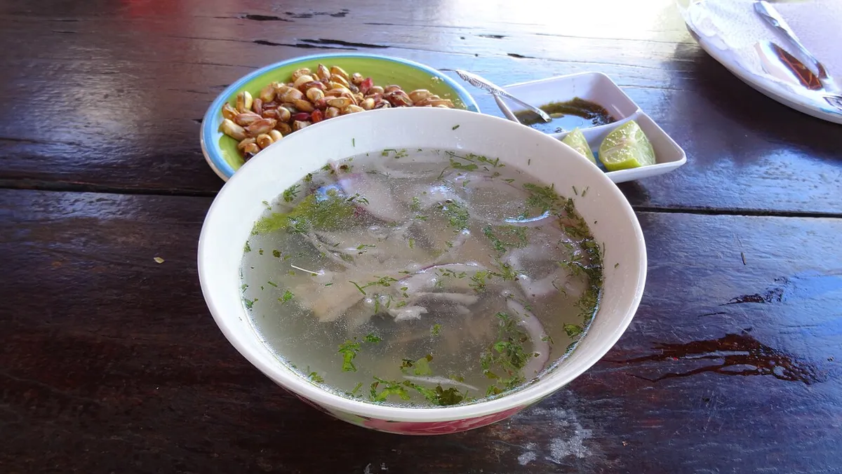 Chilcano de pescado, caldo caliente con cebolla china