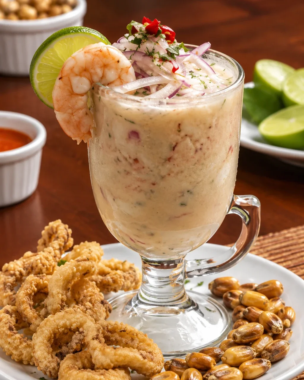 Leche de tigre en copa con langostino, limón y cebolla roja, acompañada de chicharrón de calamar y cancha
