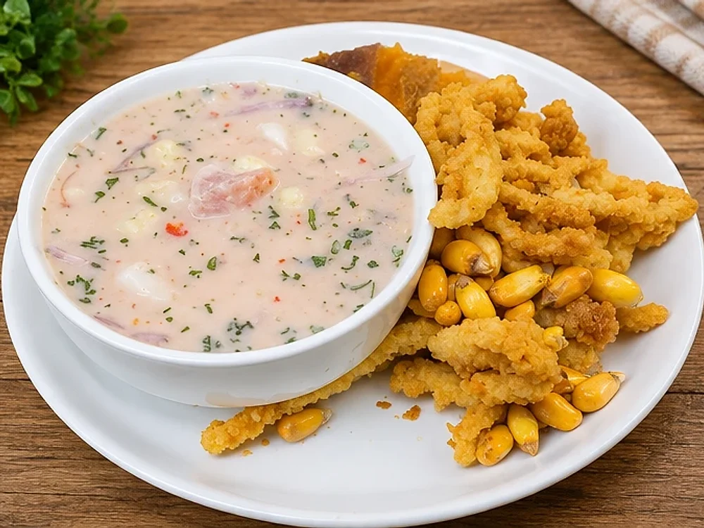 Leche de tigre en tazón acompañada de chicharrón crocante y cancha